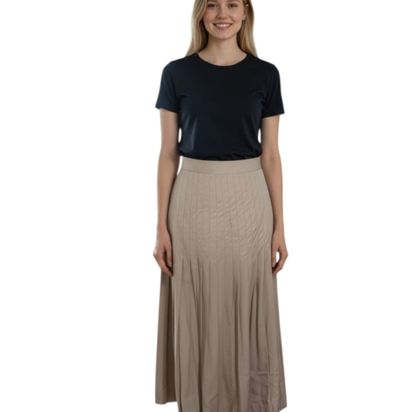 Vtg  70s Tan Pleated Flowy Long Old Money Midi Skirt W28 Medium - Picture 1 of 9